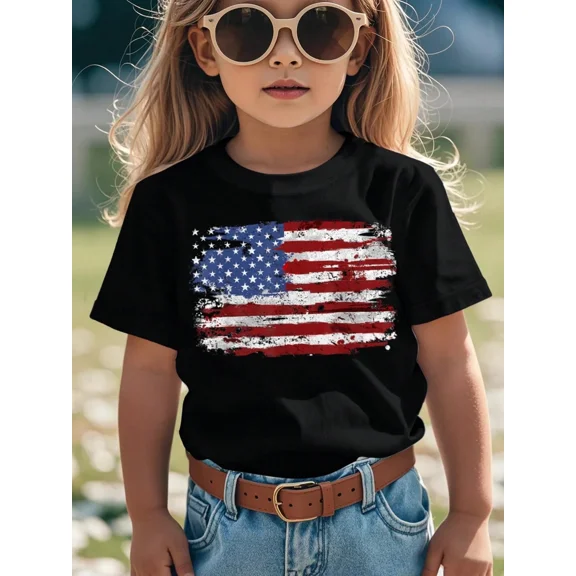 children’s wear Retro Patriotic American Flag Girls T-Shirt Distressed USA Flag Kids Graphic Tee Cute 4th of July Toddler Cotton Top