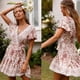 thumbnail image 4 of Vestido corto playero de verano con escote en V, estampado floral bohemio, volantes y vuelo para mujer, talla mediana, 4 of 5