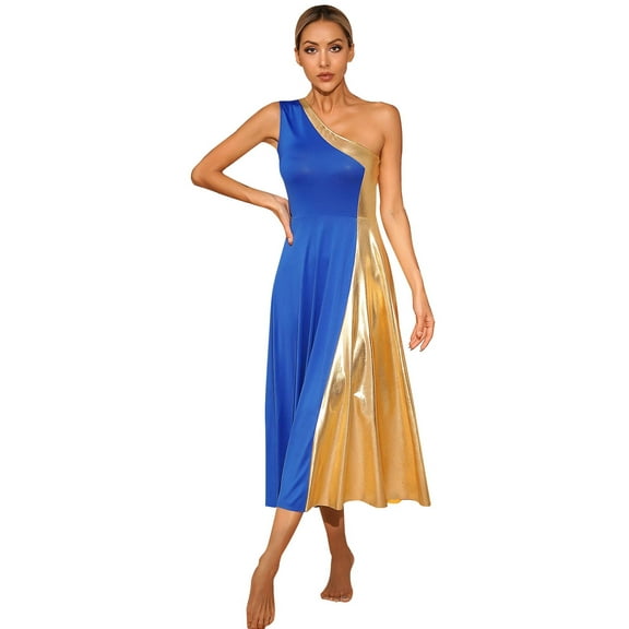inhzoy Womens Asymmetrical Parise Dance Dress Color Block Contemporary Dancewear Blue-A XL
