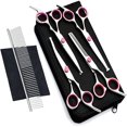 thumbnail image 1 of Tijeras de peluquería para perros, kit de peluquería canina de acero inoxidable con puntas redondas de seguridad, que incluyen tijeras de adelgazamiento, tijeras curvas, tijeras rectas, peine de aseo, morado ER, 1 of 5