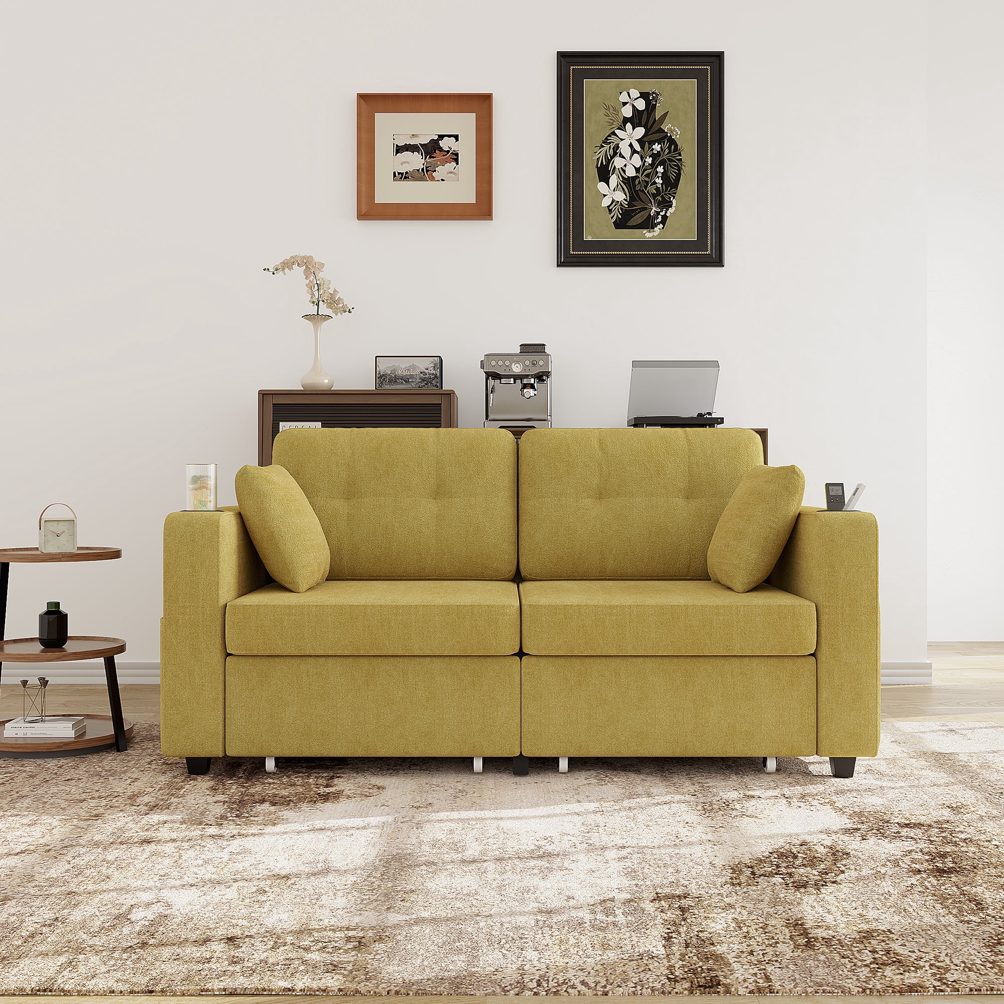68" Chenille Two Seater Couch, Living Room Loveseat with Usb Charging, Upholstered Loveseat with Storage for Living Room, Mustard yellow