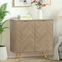 Eumyviv Dining Credenza with 2 Doors, Natural Oak Accent Cabinet, Herringbone Finish Storage for Living Room