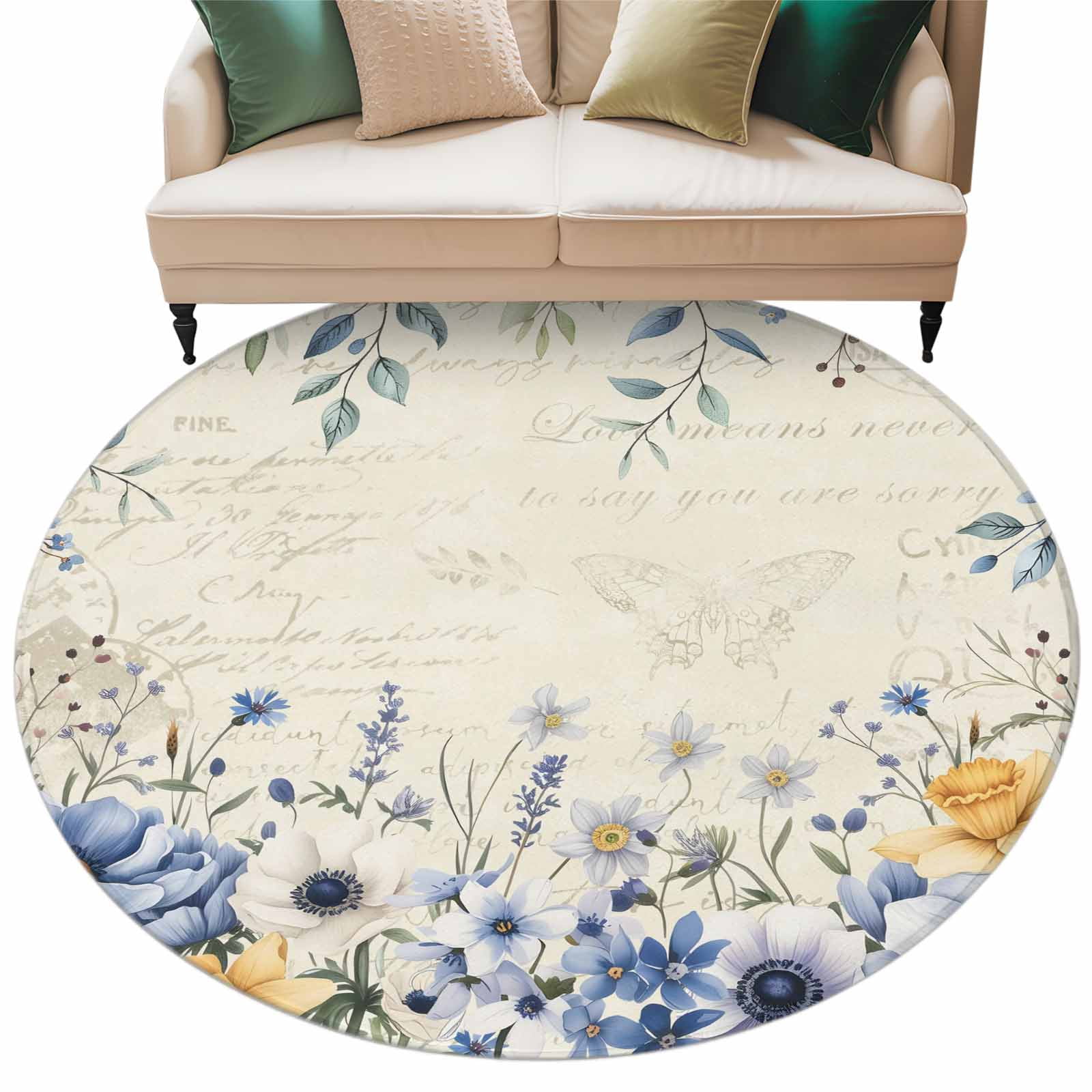 Round Rug 5ft Area Rug Ombre Wildflower Farm Eucalyptus Area Rugs for Living Room Bedroom Retro Floral Berry Branch Floor Mat Non-Slip Non-Shedding Carpet Indoor Accent Rugs