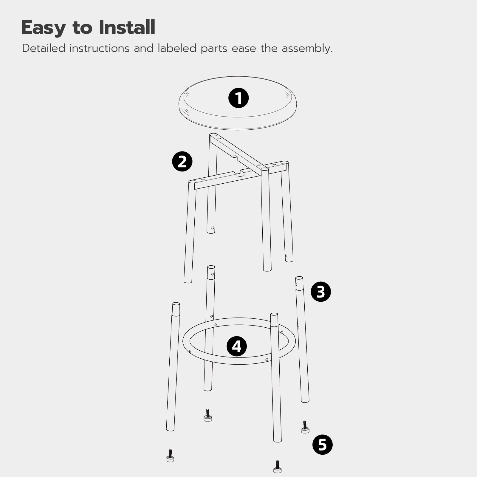 HOOBRO Round Bar Stools Set of 2, PU Upholstered Bar Stools, Bar Chairs with Footrest, Easy Assembly and Cleaning, for Kitchen, Dining Room, Cafe, Black BB30BY01