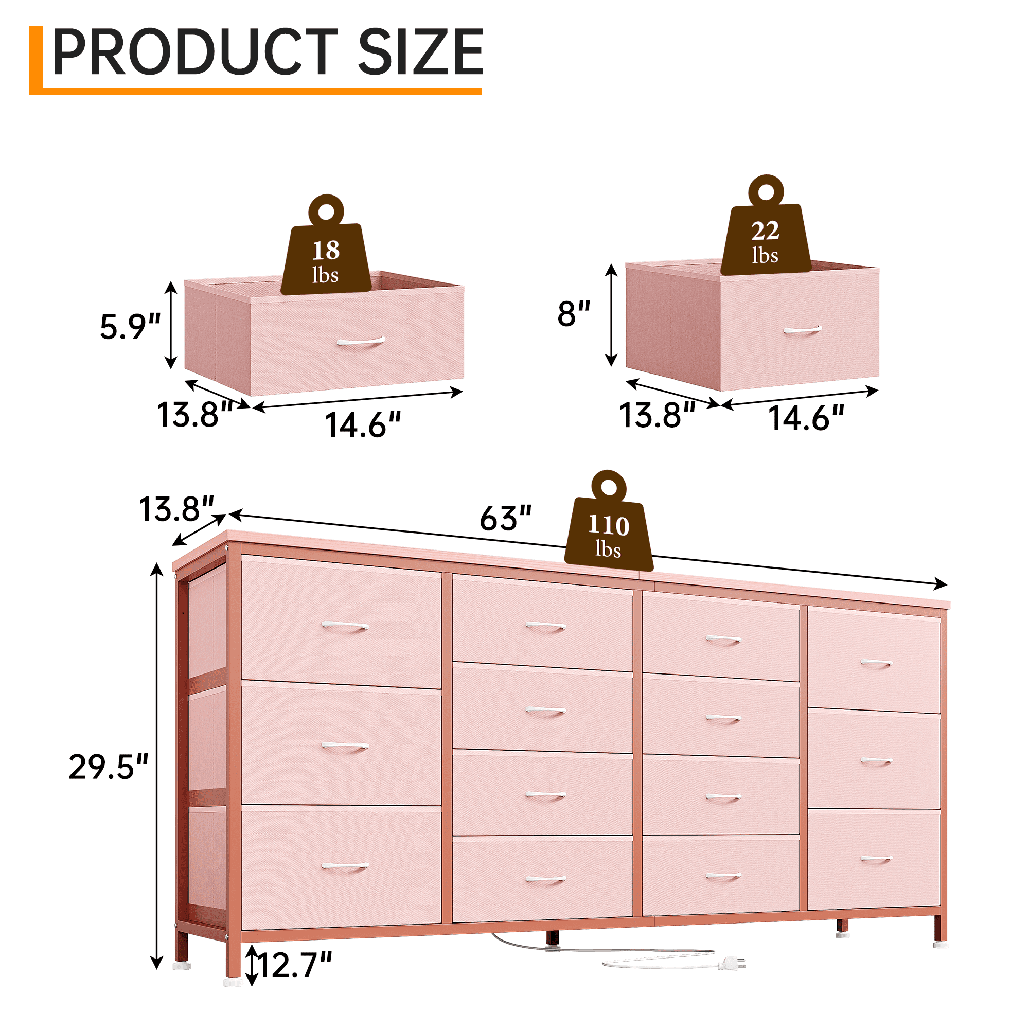 PIONEERWORKS 14-Drawer Dresser TV Stand, 63" Wide Fabric Storage Cabinet with Power Outlets for Bedroom, Entertainment Center for 65-75 Inch TVs, Pink
