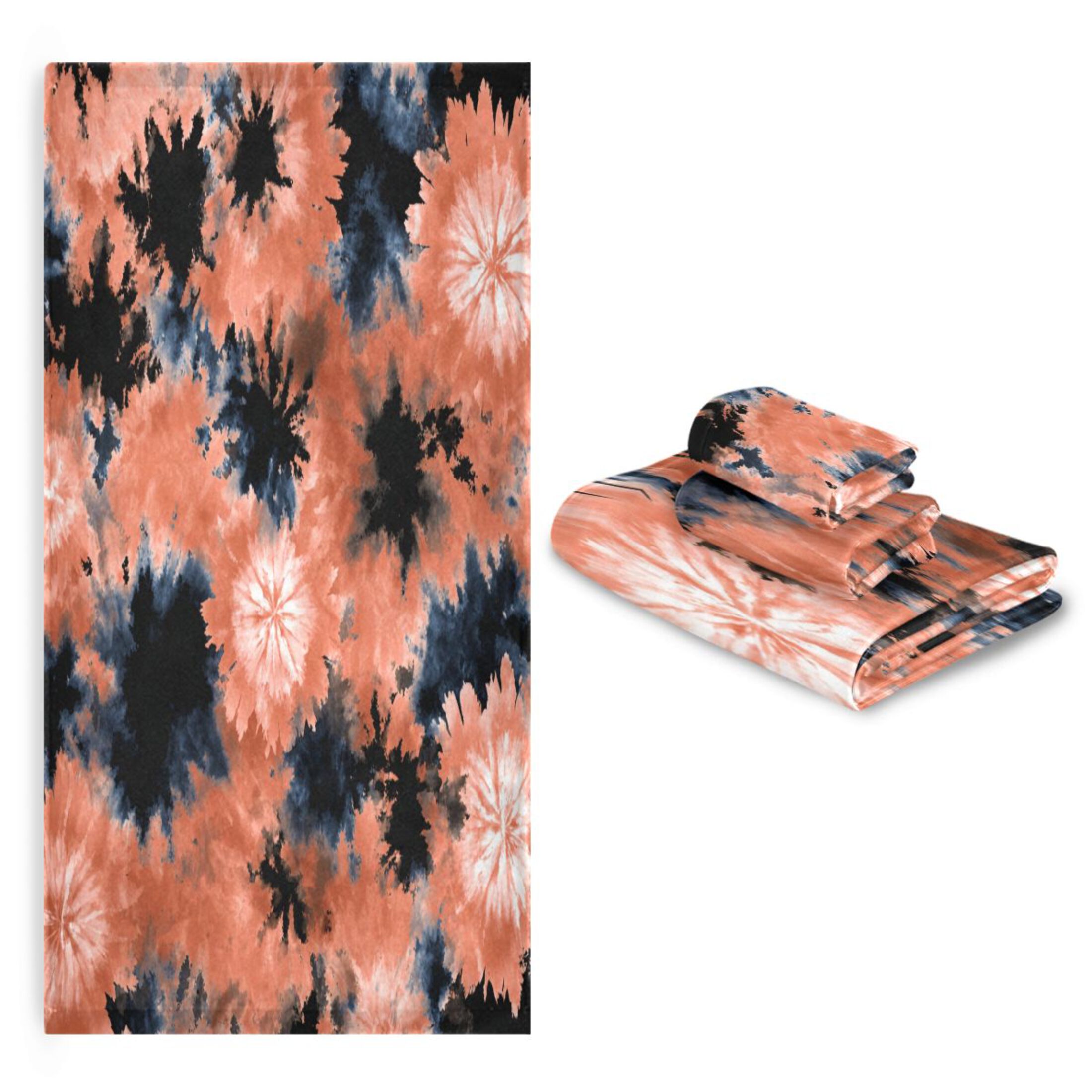 3 Piece Bath Towels Set Bath Towel, Hand Towel and Face Towel for Bathroom, Gym, Hotel Coral and Black Tie-dye Pattern
