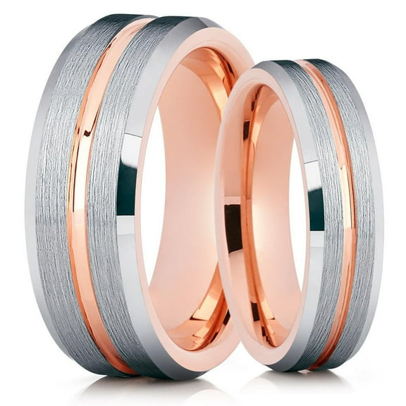 His and Hers 6mm & 8mm Rose Gold Tungsten Ring - Silver Brush Ring - Rose Gold Tungsten Band