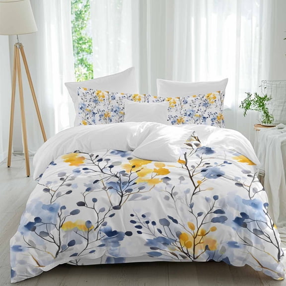 Vintage Yellow Duvet Cover Set Twin Size, Blue Wildflowers Leaves Abstract Botanical 4 Piece Soft Microfiber Bedding Set with 1 Duvet Cover, 1 Flat Sheet, 2 Pillowcases