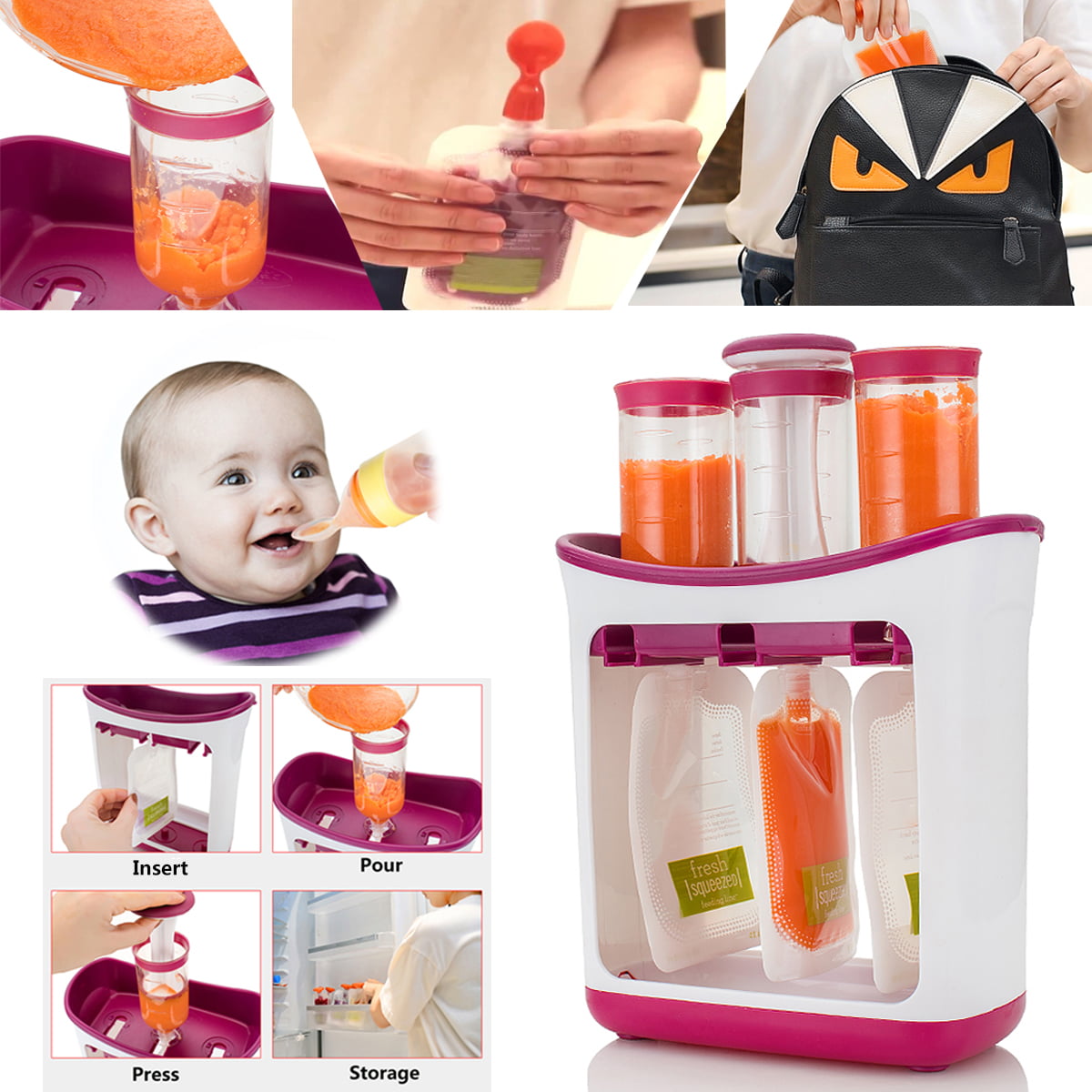 Baby Weaning Food Puree Fruit Maker Squeeze Station Reusable Squeezed Pouches 