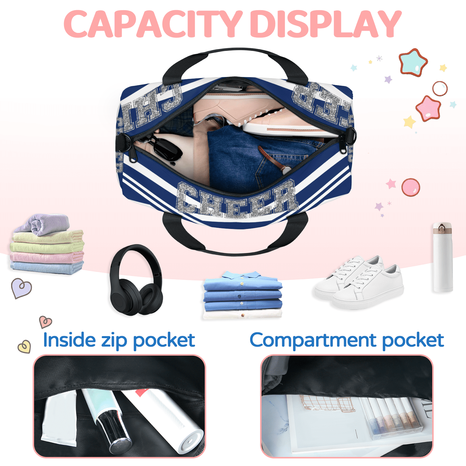 Herdesigns Blue Cheerleading Travel Duffle Bag Sports Yoga Weekender Overnight Carry on Workout Bags Lightweight Waterproof Gym Tote Bag for Women