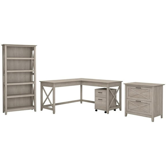 Scranton & Co Furniture Key West 60W L Shape Desk w/ Cabinets & Bookcase in Gray