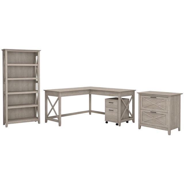 Bush Furniture Key West 60W L Desk with Cabinets & Bookcase in Washed Gray