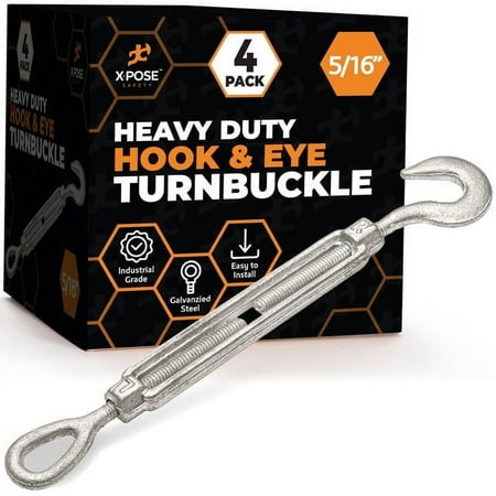

Xpose Safety 5/16 Hook and Eye Turnbuckle - Heavy Duty Galvanized Steel Turn Buckles - Turn Buckle Tensioner for Cables Tension Wire Rope Shade - Adjustable Turnbuckle Hook and Eye 4 Pack