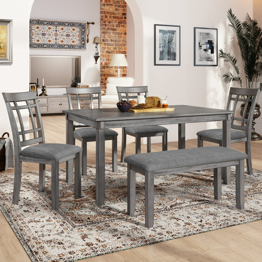 Dining Table Set for 6, Rustic Country Acacia Table Set with 4 Ladder