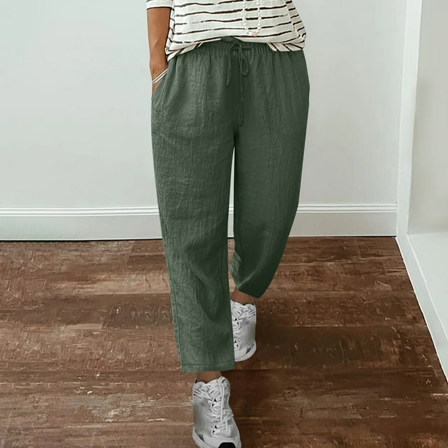 Womens Casual Wide Leg Elastic Waist Pants Cotton Linen Loose Lightweight Trousers with Pockets Summer Solid Color Drawstring Pant 2025