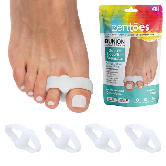 ZenToes Toe Separators with 2 Loops – pack of 4 Soft Gel Bunion Correctors (White)