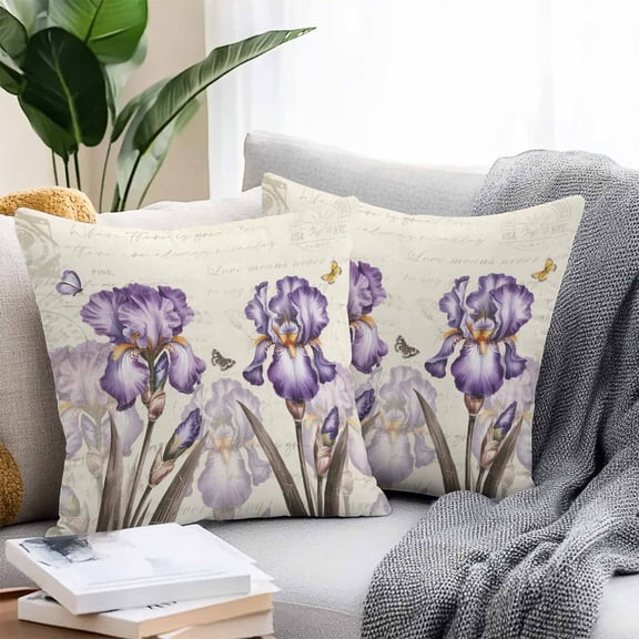Throw Pillow Covers 16x16 Inch Set of 2, Purple Iris Waterproof Outdoor Pillow Covers, Spring Vintage Butterfly Leaves Flowers Beige Decorative Cushion Pillowcases for Couch, Sofa, Bed, Garden, Patio