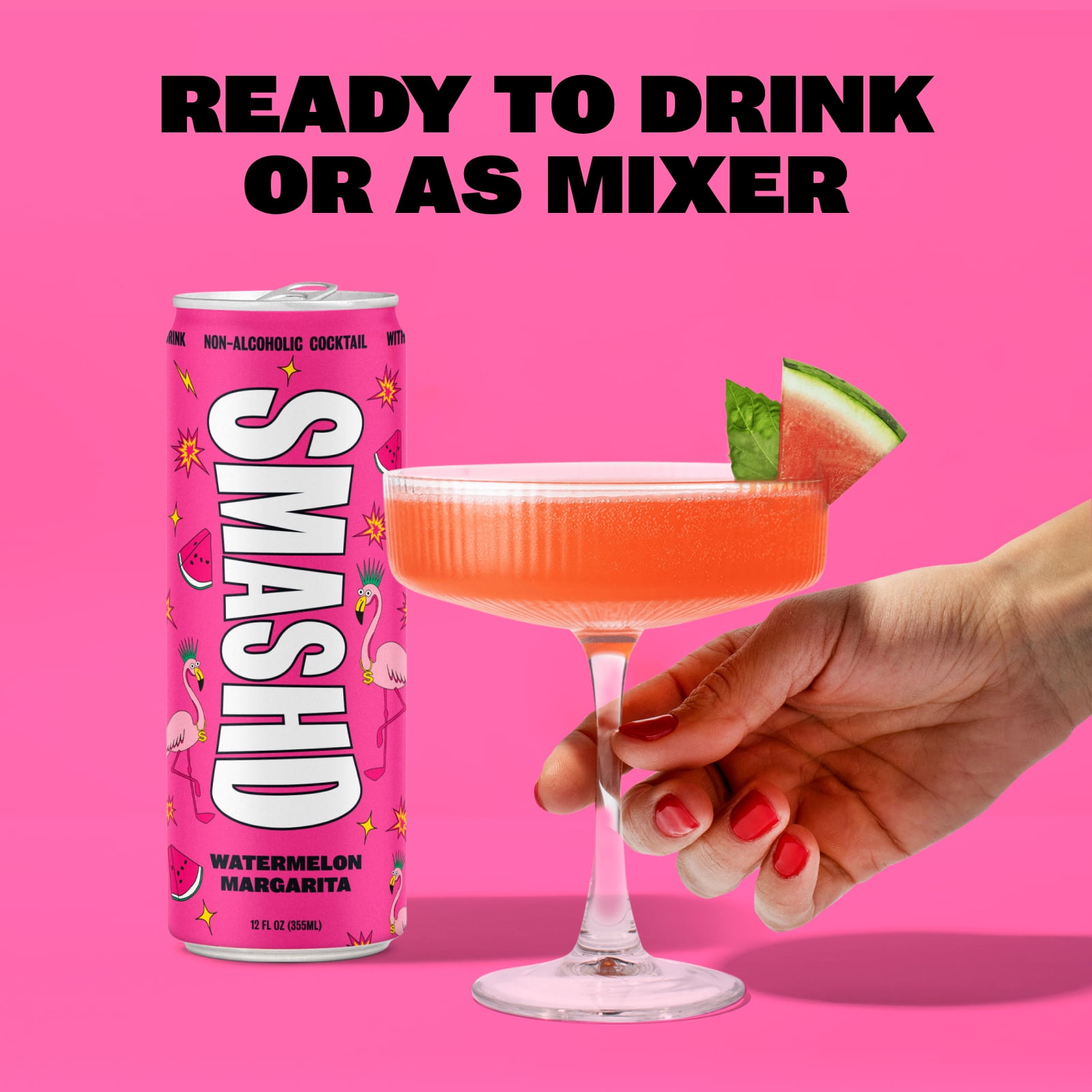 SMASHD Alcohol-Free Mocktails, Non-Alcoholic Beverage Flavored Sparkling Water, Tequila alternative No Artificial Flavors, Caffeine-Free, with electrolytes, 12 Oz&nbsp;Watermelon Margarita, 12 Pack
