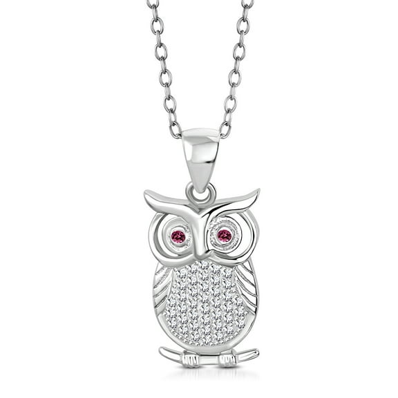 925 Sterling Silver White Clear Pink CZ Owl Pendant Necklace, 18"