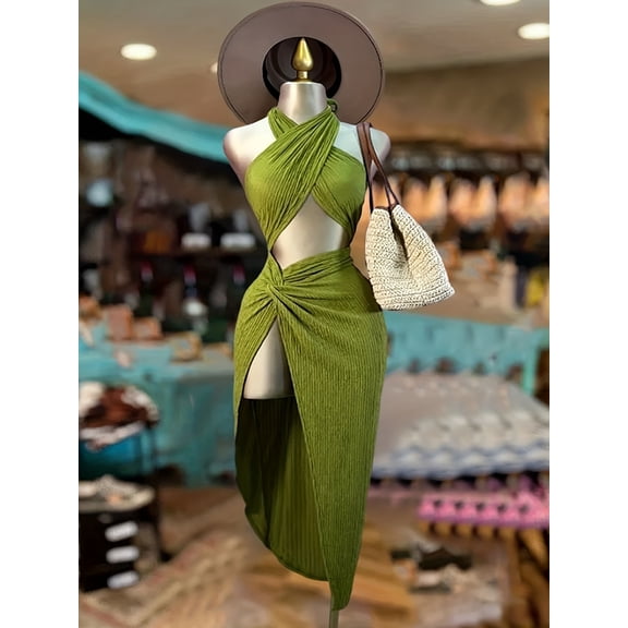 Women's Green Ribbed Knit Halter Maxi Dress with Cutout Waist & High Slit Stretch Form-Fitting Dress
