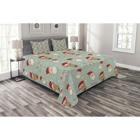 Holiday Quilt Sets Christmas Bedspread Set, Santa Claus and His Deer Celebrating Your Holiday Vintage Cartoon on Snowflakes, Decorative Quilted Coverlet Set with Pillow Shams Included, Multicolor, by Ambesonne ()