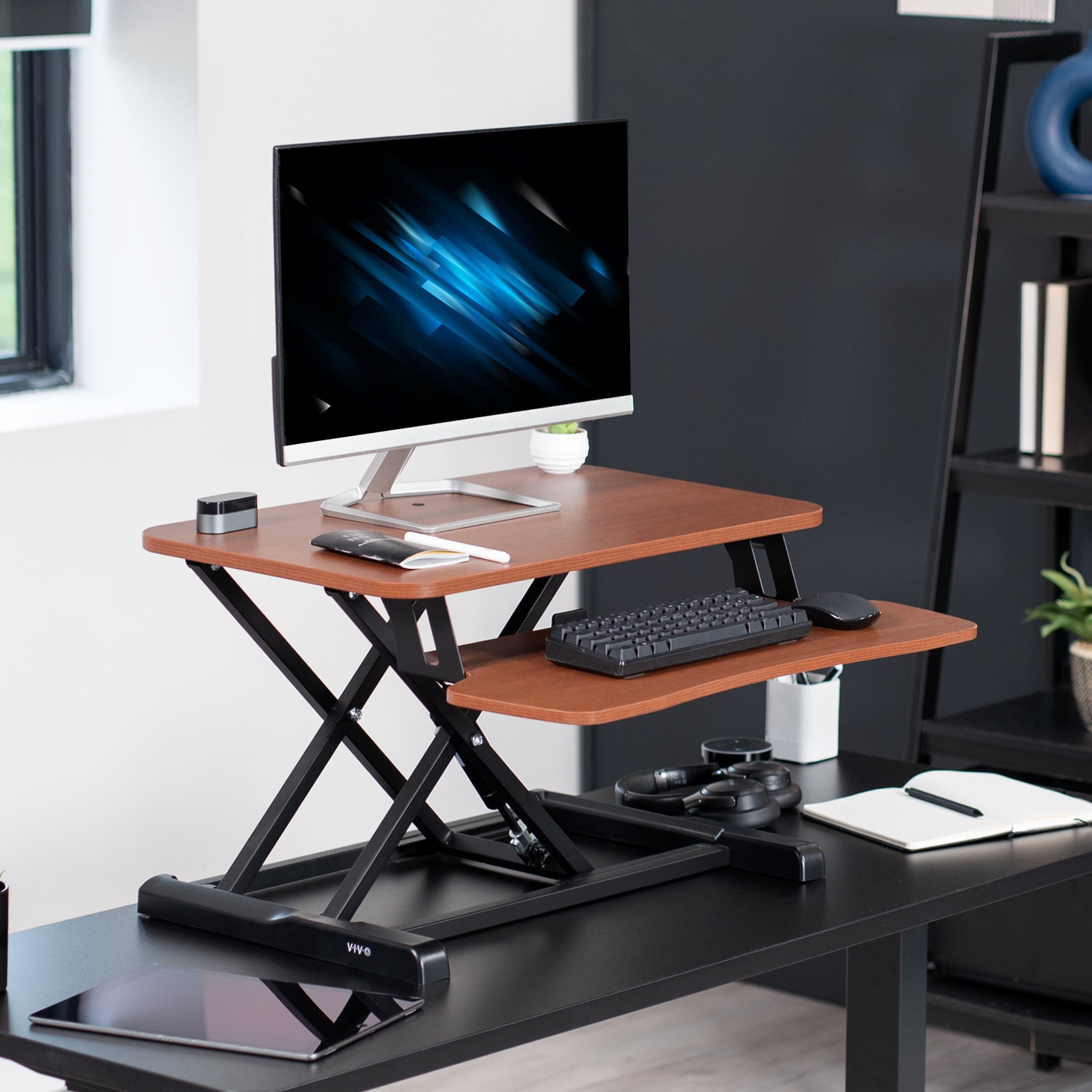 VIVO Dark Walnut 26" Height Adjustable Standing Desk Monitor Riser, Black Frame