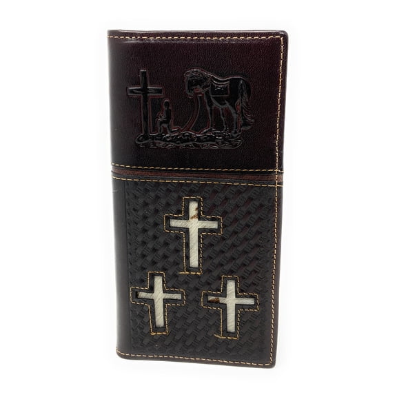 Western Mens Embossed Basketweave Cowhide Cross Praying Cowboy Long Wallet in 3 Colors