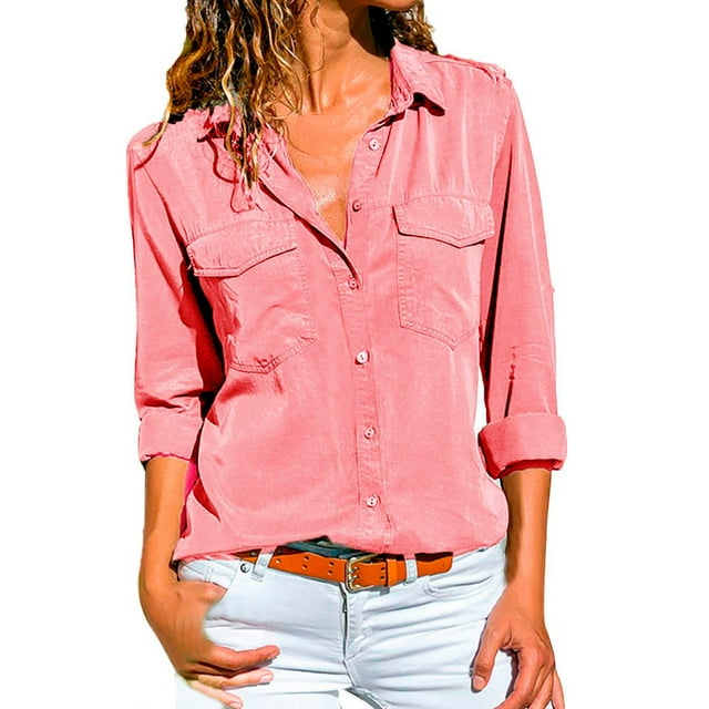 Women Casual Solid Long Sleeve Turn Down Collar Pockets Button Front Shirt Tops