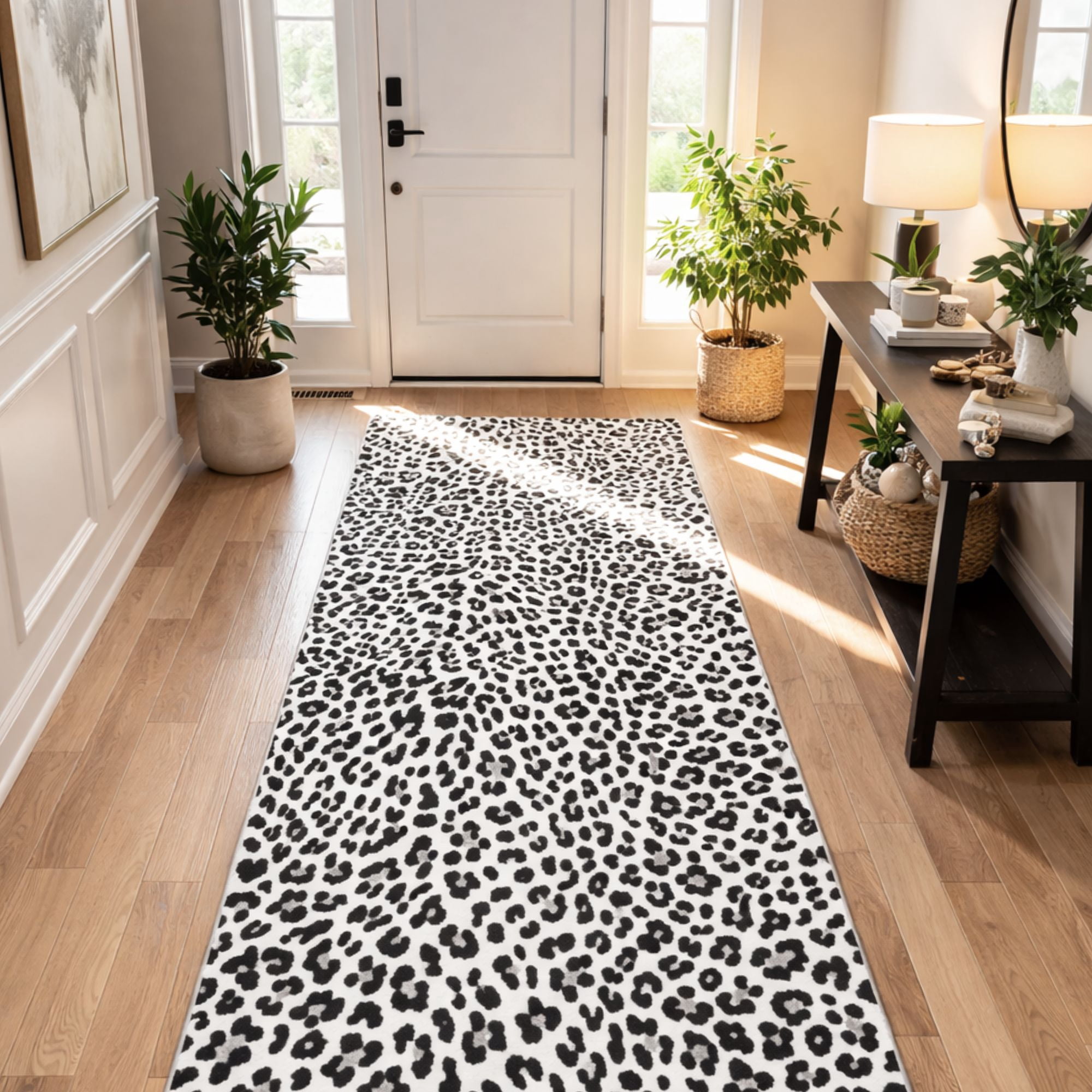 Ottomanson Hallway Runner Rug 2'7" x 13' Soft Non-Slip Indoor Rug, Leopard Print Black & White