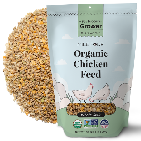 UPC: 0737488079562 | Mile Four | Grower Organic Chicken Feed | 100% US Grown Grains  Certified Organic  Certified Non-GMO  Corn-Free  Soy-Free  Non-Medicated Chicken Food | 18% Protein | Whole Grain | 2 lbs.
