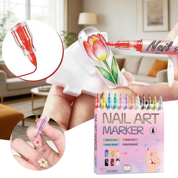 Nail Art Marker Set 12 Colors Fine Tip for Manicure Designs Pink