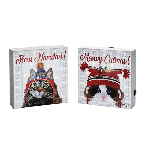 Light Up LED Christmas Cats Decorative Figurine Blocks Set of 2