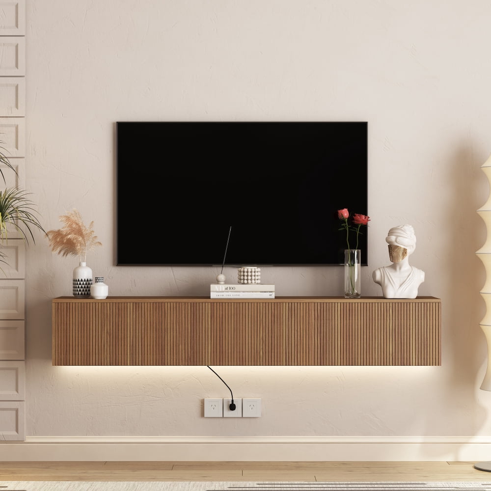 67" Floating TV Stand with 16-Color LED Lights, Wall Mounted Entertainment Center for 55/60/65 Inch TVs, Wood Finish