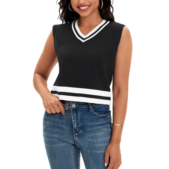ATHLECHIC Camisetas sin mangas de punto de verano para mujer, con escote en V y bloques de color, M Negro Blanco