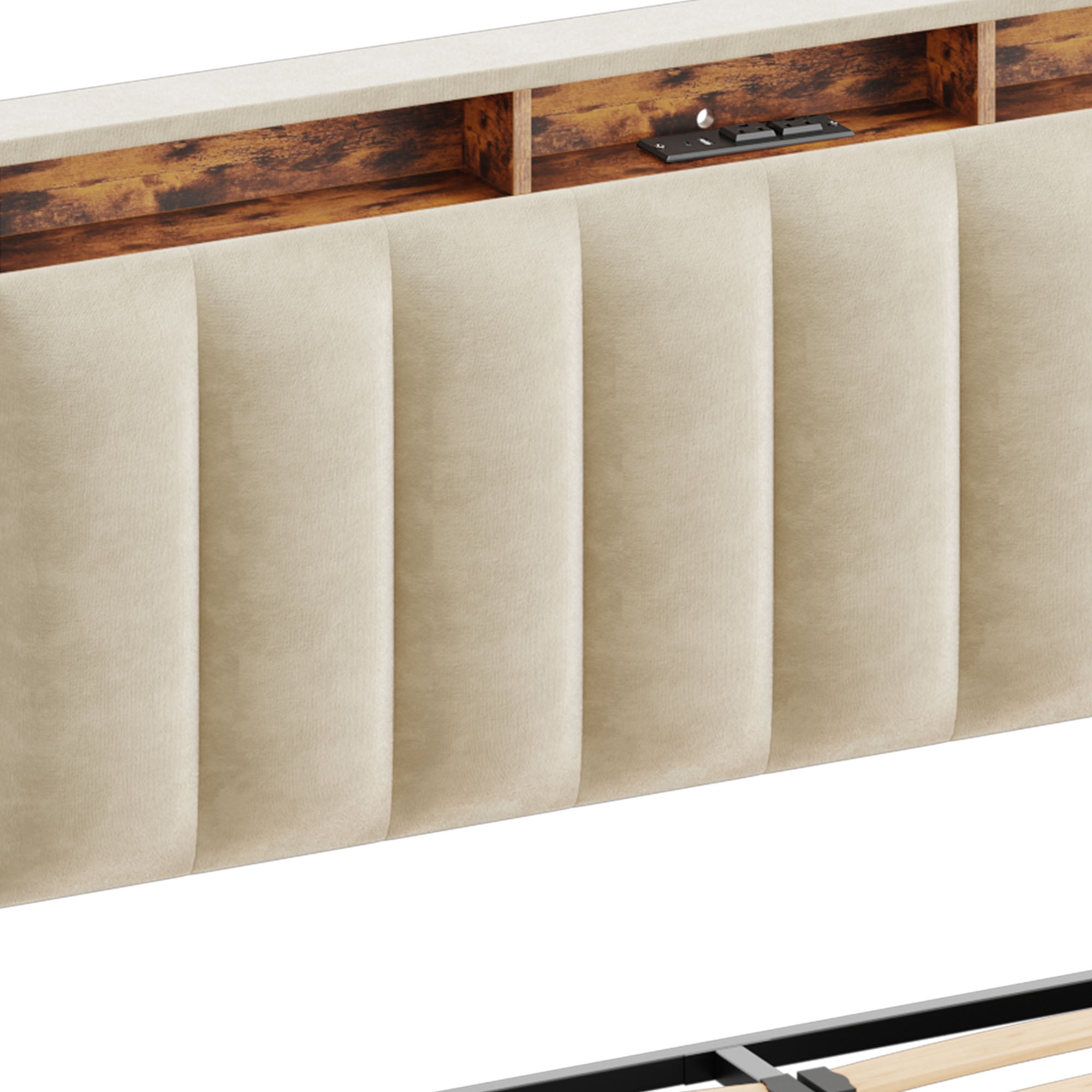 Uforic Full Size LED Velvet Upholstered Platform Bed, Storage Bed Frame with 4 Storage Drawers and Charging Station, Beige