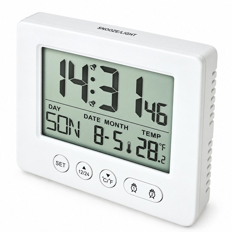 Homivra Atomic Digital Alarm Clock Battery Operated Self-Setting Digital Wall Or Desk Clock Easy to Read Color Display Nightlight with Indoor Temperature and Calendar Digital Desk Clock