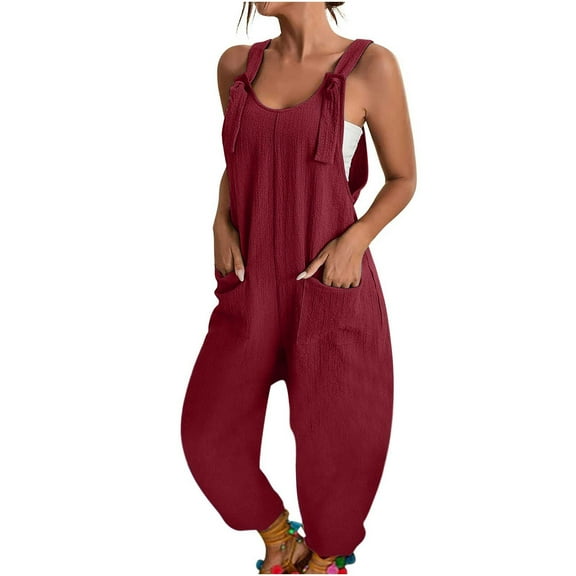 Summer Savings Clearance! Edvintorg Jumpsuits For Women Casual Fashion Solid Color Casual Sleeveless Suspender Jumpsuit With Pockets Overall Jumpsuit Women Wine L