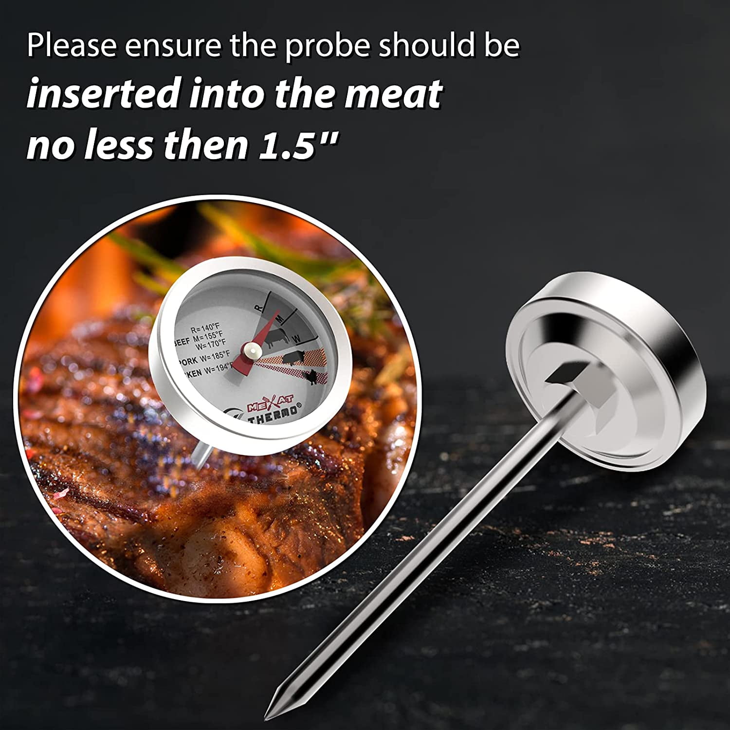 KT THERMO Meat Thermometer for Cooking - NSF certificated Instant Read  Cooking Temperature Thermometer Oven Safe, Waterproof 2.5 dial, 5 Long  Probe