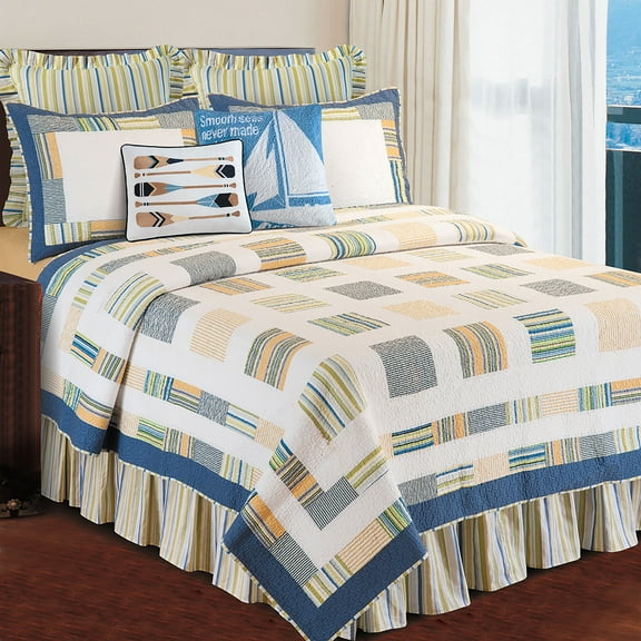 Blue/Green Stripes King Bed Skirt Drop Length: 16 inches