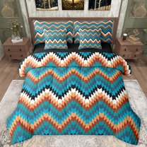 Manfei Teal Western Aztec Twin Bedding Sets 7-Piece for Women, Vintage Rustic Farmhouse Bedding Comforter Set, Triangle Abstract Reversible Sheet Sets, Luxury Bedroom Decor