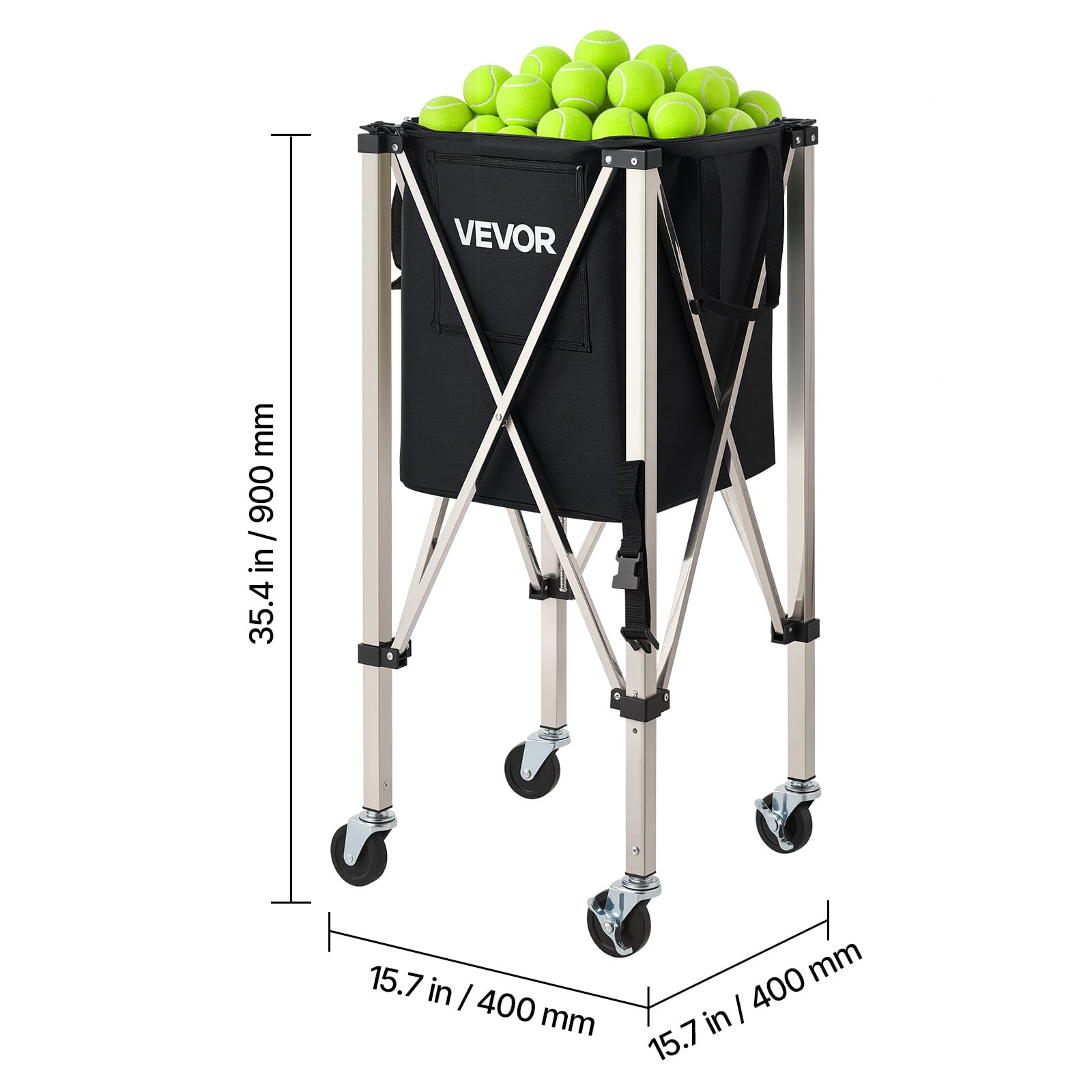 VEVOR Tennis Ball Hopper, Holds 200 Tennis Balls, Foldable Pickleball Basket Cart with Wheels for Easy Pick Up, Stainless Steel Portable Pickleball Cart Caddy with Storage Bag, for Training Teaching