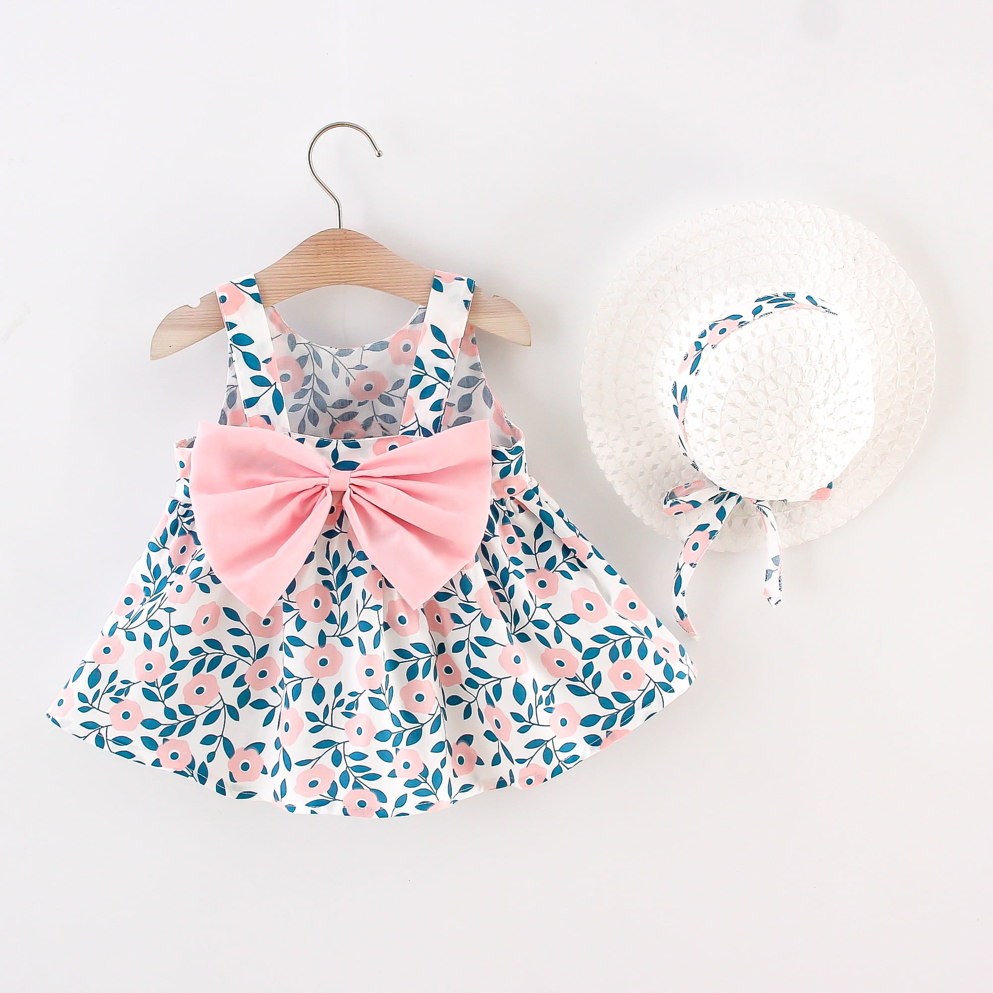 Toddler Baby Kids Girls Sleeveless Flowers Princess Dresses+Bow Hat Outfits Set 