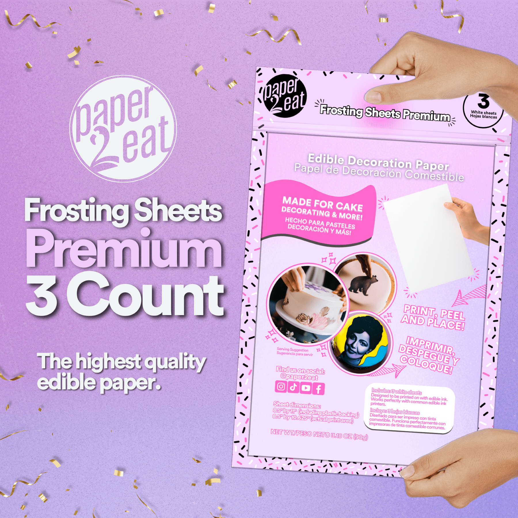paper2eat Edible Kosher Certified White Frosting Sheets Premium (Icing Sheets) 8.5" x 11" - 3 count
