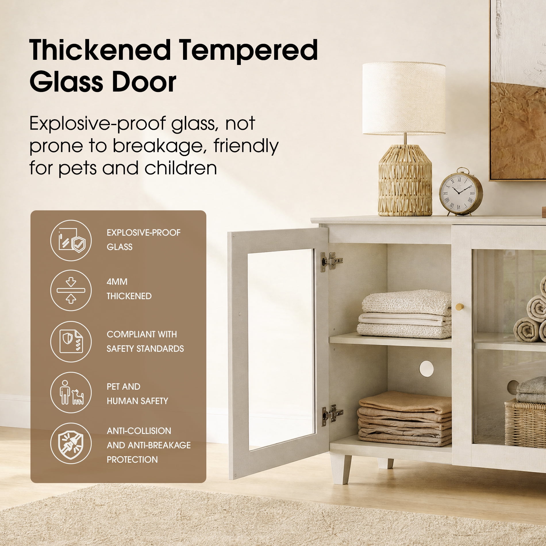 Modular Buffet Cabinet Sideboard With Glass Doors, Wide Drawers, Adjustable Shelves and Cable Management For Kitchen Dining Room, 142" W, Beige Wood