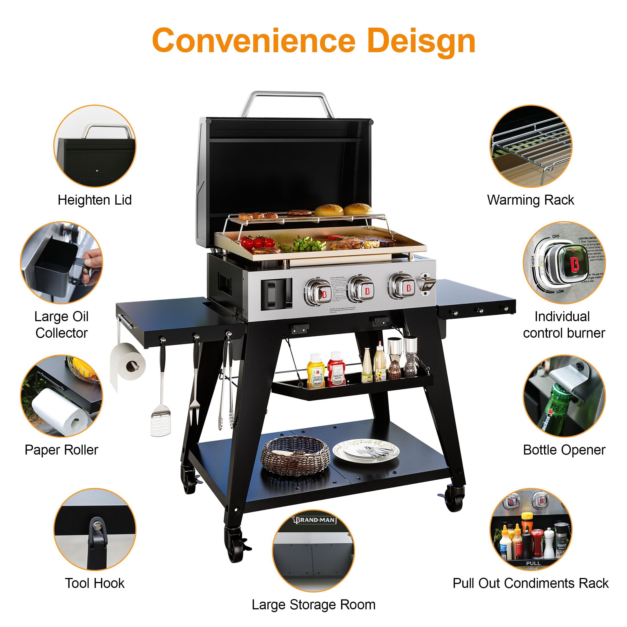 Brand Man 3-Burner Propane Gas Griddle Grill with High Lid, 504 Sq.In Flat Top Grill with Rolling Cart for Outdoor BBQ