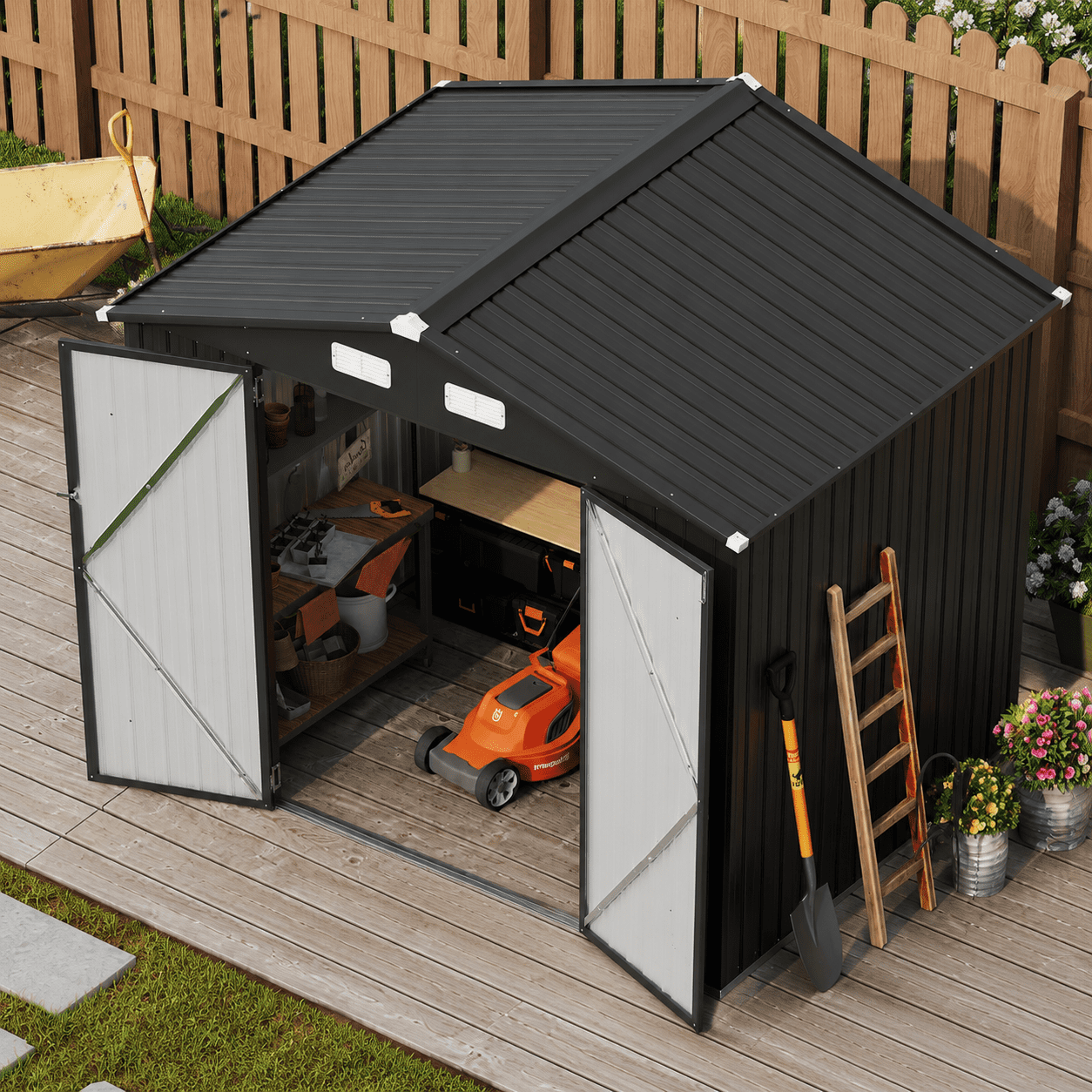 BaPiPro 8x6 FT Outdoor Storage Shed, Metal Shed Lockable Garden Tool Shed with Double Doors for Lawn Mower & Bike, Weather Resistant Patio Backyard Storage, Black