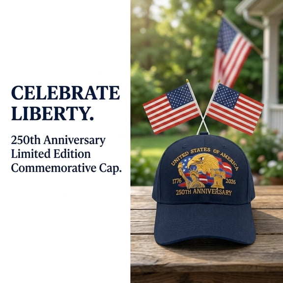 Unisex Vintage Washed Denim 3D Embroidered Baseball Cap, 4th of July USA 250th Anniversary Hat and 2 Flags Set