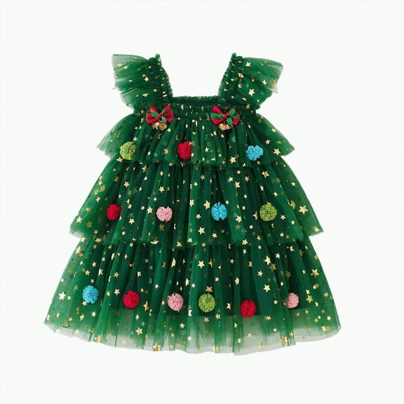 mgoYE Toddler Baby Girl Christmas Dress Outfit Kids Little Girls Sequin Pompom Xmas Tree Tulle Tutu Christmas Dresses(Green,6-7 Years)