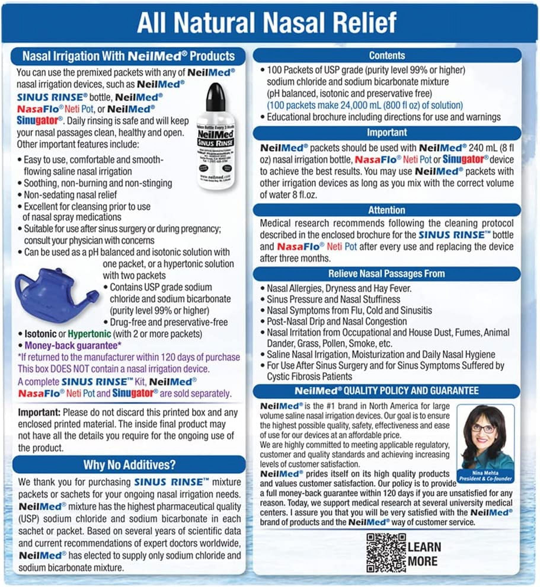 NeilMed Sinus Rinse All Natural Relief Premixed Refill Packets 100 Count (Pack of 1)