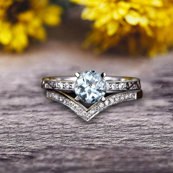 6mm Round Cut 2 Carat Aquamarine Bridal Ring Set Anniversary Gift With Stacking Matching Wedding Band 10k White Gold Art Deco